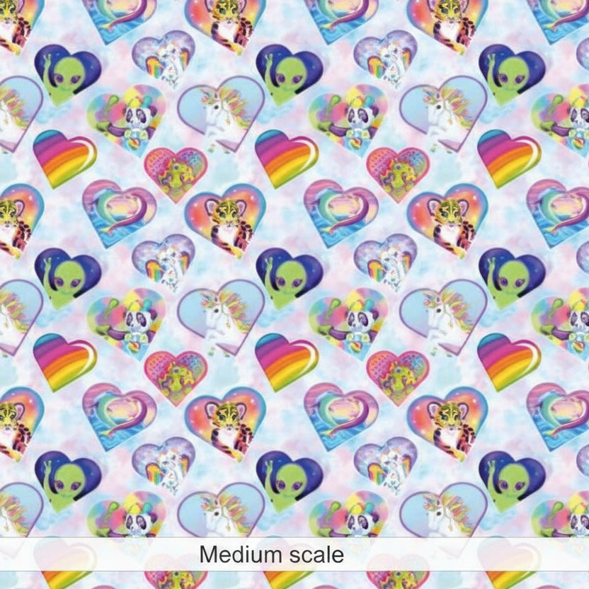 Pattern of colorful Lisa Frank cartoon characters in heart shapes on a light background