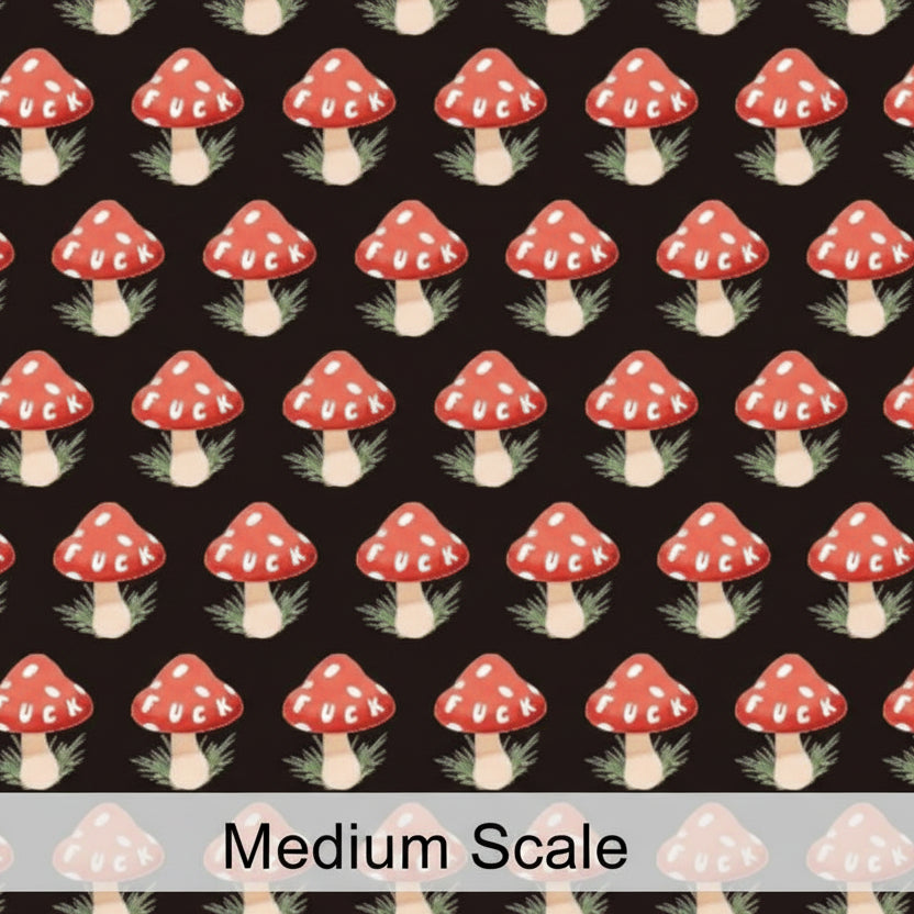 Pattern of red mushrooms with white words on a black background