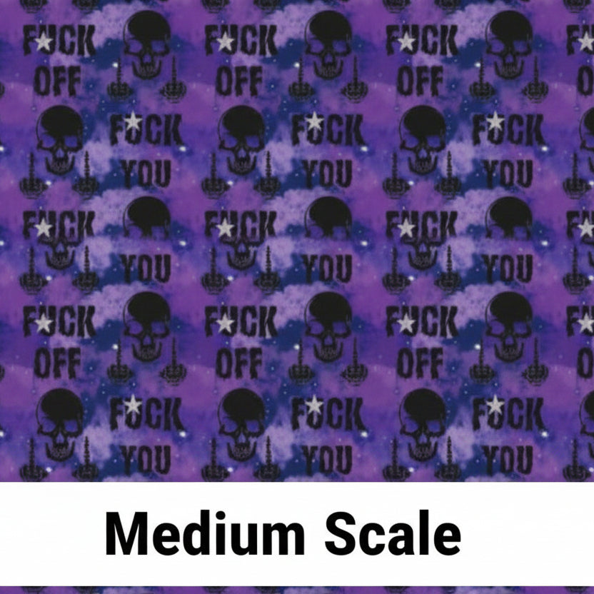 Pattern of skulls and text on a gradient purple and blue background