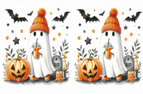 Halloween-themed panel with ghosts, pumpkins, and bats on a white background.