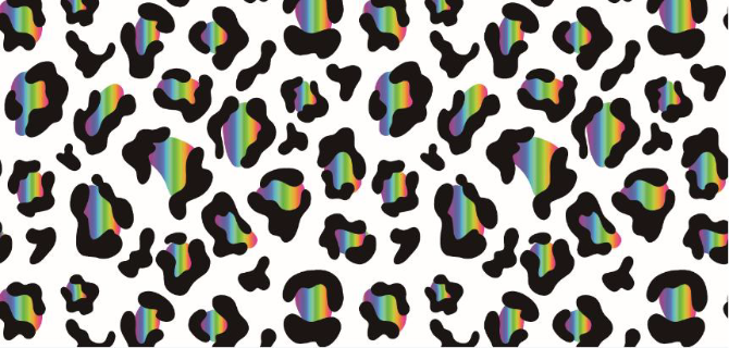 Pattern of rainbow-colored leopard spots on a white background