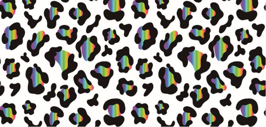 Pattern of rainbow-colored leopard spots on a white background