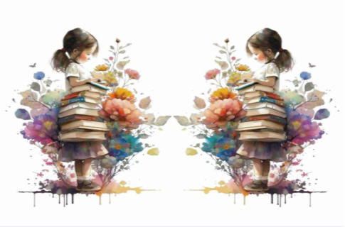 A girl & her books panel in watercolor