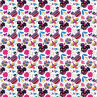 Pattern of colorful Minnie Mouse ears, bows, and flowers on a white background
