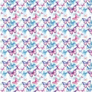 Pattern of pink, blue, and purple butterflies on a white background