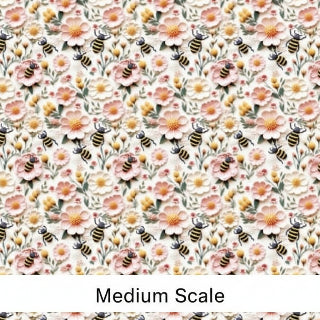 Pattern of bees and flowers on a white background