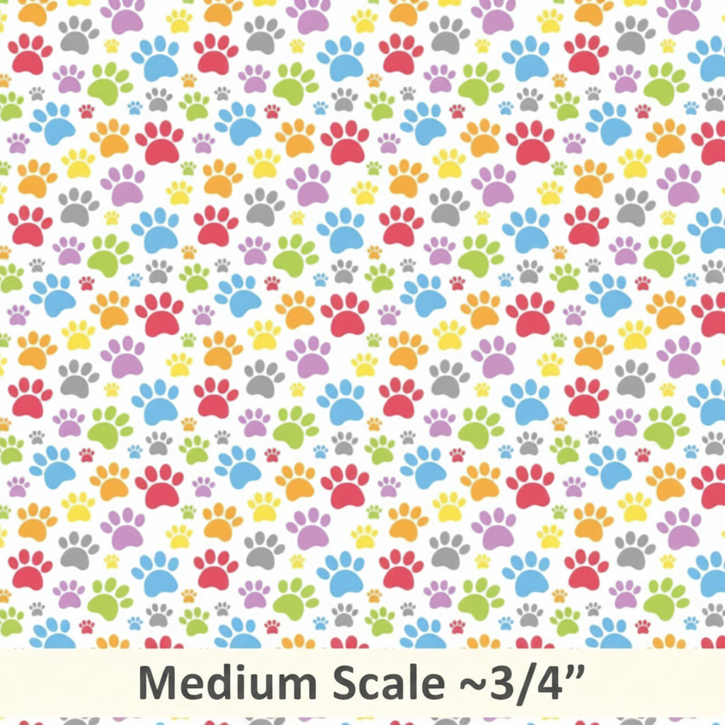 Pattern of colorful paw prints on a white background