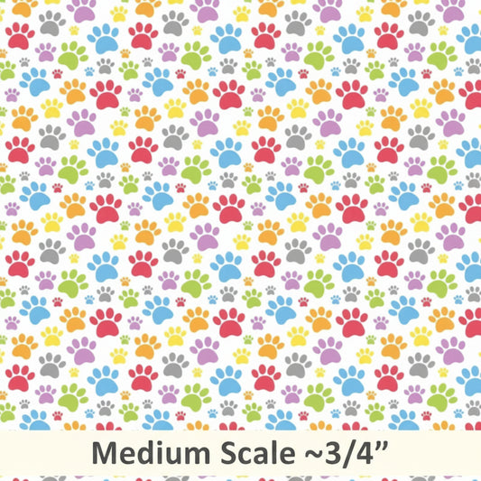 Pattern of colorful paw prints on a white background