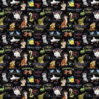 Patterned design with animated Disney supporting characters and text on a black background