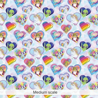 Pattern of colorful Lisa Frank cartoon characters in heart shapes on a light background