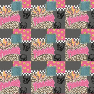 Patterned Thrasher design with skulls, chevrons, and text on a gray background