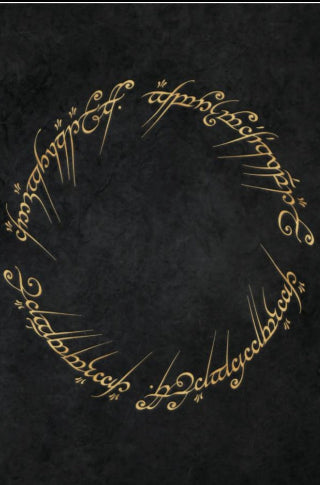Elvish script in gold on a textured black background - Lord of the Rings panel