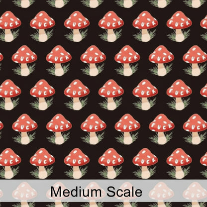 Pattern of red mushrooms with white words on a black background
