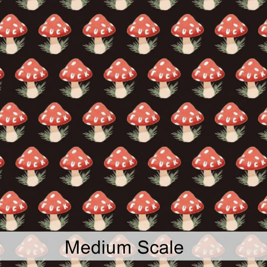 Pattern of red mushrooms with white words on a black background