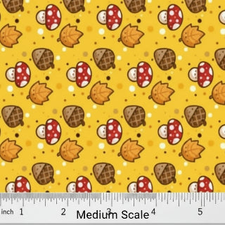 Pattern of mushrooms, leaves, and acorns on a yellow background