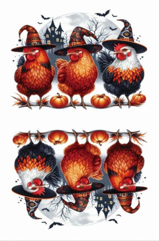Three chickens wearing witch hats with pumpkins and a haunted house in the background.