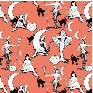Halloween-themed design with black and white illustrations of women in witch costumes on a red background.