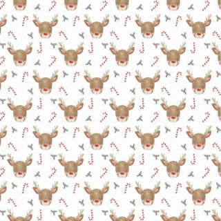 Pattern of reindeer, candy canes, and holly leaves on a white background