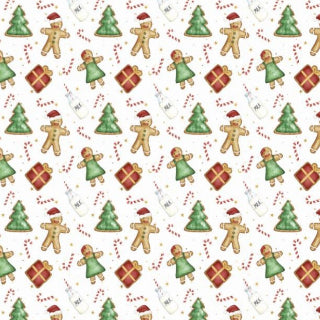 Christmas-themed pattern with gingerbread men, trees, and presents on a white background.