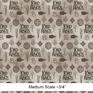 Patterned design with 'The Lord of the Rings' logo and symbols on a beige background