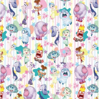 Pattern of colorful cartoon Inside Out characters with stars on a stripped background