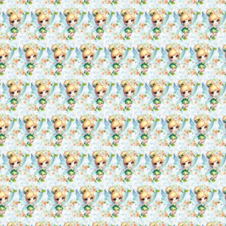Pattern of Tinker Bell with flowers on a light blue background
