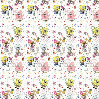 Pattern of cartoon characters including SpongeBob, Sandy and Patrick on a white background.