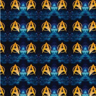 Pattern of gold 'Star Trek' logos on a blue starry background