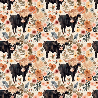 Pattern of black cows and flowers on a beige background