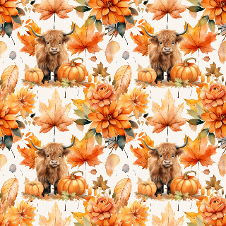 Highland Cow with Pumpkins and Autumn Flowers